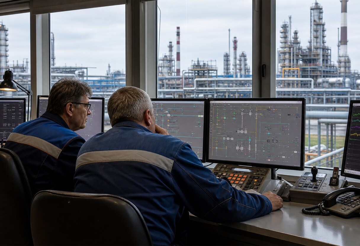 Инженеры в диспетчерской нефтеперерабатывающего завода